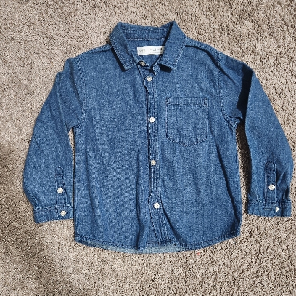 Zara Boys Blue Denim Button Down Shirt, Size 4/5